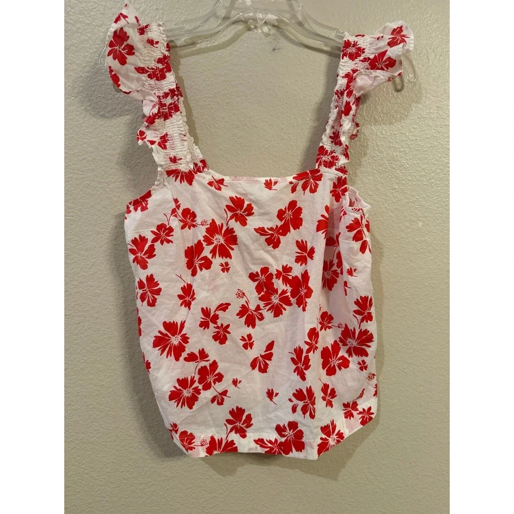 J Crew Re-Imagined  Small Red White Floral Ruffle Smocked Strap Cotton Tank